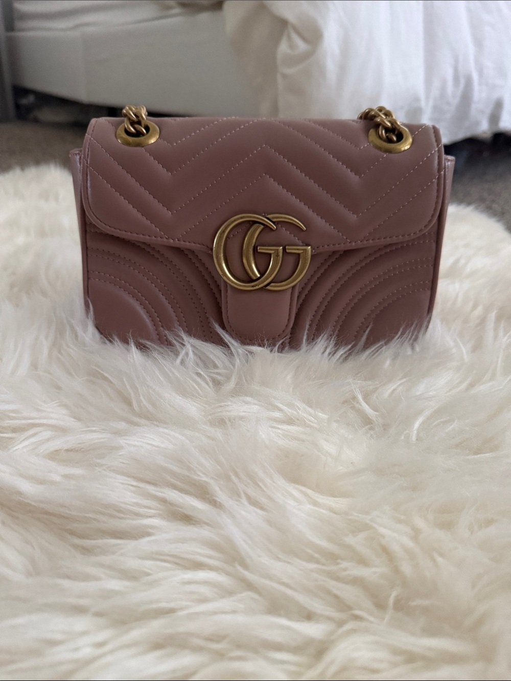 Luxury Quilted Shoulder Bag in Mauve Pink with Gold Hardware